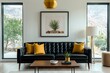 © Amornrat - Modern living room design with black sofa and green accents contemporary home interior decor bright natural light
