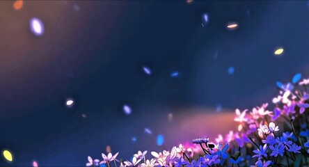 Butterfly blue black wings, intricate patterns, iridescent spots, delicate body, antennae, perched flowers, light purple white blooms, dark blue background, bokeh lights, magical ethereal atmosphere.