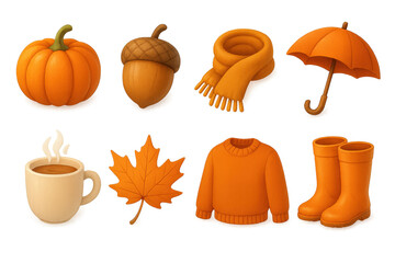 Autumn icons set – 3d cozy, seasonal and fall symbols for creative design