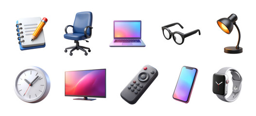 Modern Workspace Collection, set of 3D Icons – Glossy Minimal Emoji Style, Isolated PNG objects, theme of everyday life