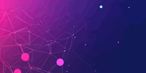 Wall Mural - abstract digital network connection with glowing nodes and lines on dark blue and pink gradient back