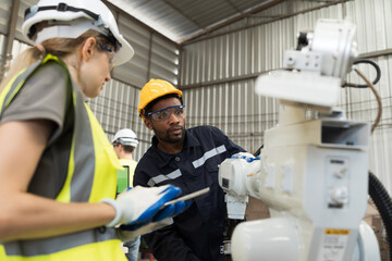 Fototapete - Robotic arm, Automatic robotic arm welding. Robotic manufacturing industry. Team of engineers setup, install, maintain, repair mechanism of operation of robotic arm in storage warehouse