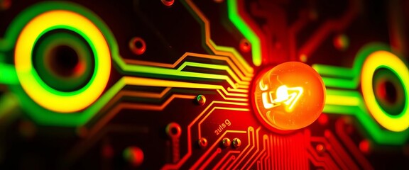 Wall Mural - vibrant neon circuit board with glowing orange bulb, black background, shine, art
