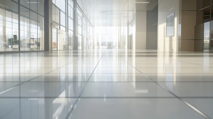  Bright modern hallway, glass walls, sunny day, reflections, office building, architectural design