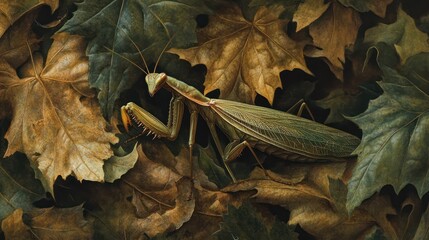 Praying mantis on autumn leaves; forest floor background; nature photography; educational use