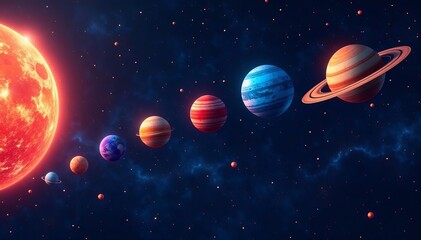 Solar system with colorful planets on starry background, space exploration concept, outer space, astrology background