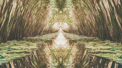 Bamboo forest path reflection, tranquil nature scene, ideal for meditation, spiritual, or travel websites
