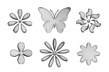 Halftone elements  - different flowers and butterfly on white background.