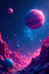 abstract cosmic background featuring artistic pink and blue planets in a fantasy outer space setting