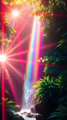 Wall Mural - A vibrant rainbow cascades like a waterfall through a lush jungle, with beams of sunlight filtering through the foliage to create a magical atmosphere. Sunlight enhances the radiant colors 