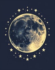 Wall Mural - moon and stars line art glowing in the dark on plain dark background