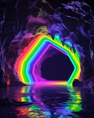 Wall Mural - rainbow rave cave glowing in the dark on plain dark background