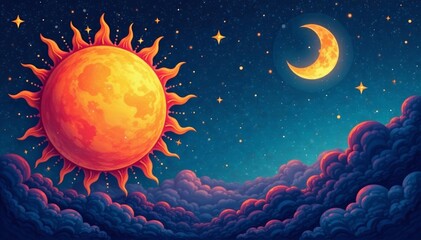 sun and moon with stars in celestial boho design, moon, cosmic