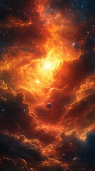 vibrant cosmic explosion illuminating a nebula in deep space with distant celestial bodies