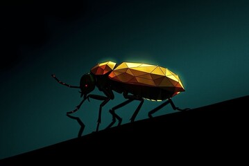 Wall Mural - Golden geometric beetle on dark smooth surface at night digital art