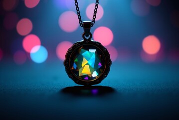 Wall Mural - Colorful gem pendant on chain necklace with blurred lights background elegance