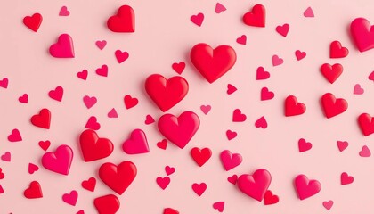 Wall Mural - abstract minimal valentine's day background with scattered red and pink hearts , minimal, background