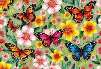 Poster - abstract floral seamless pattern with exotic butterflies and moths , botanical, decor
