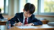 © Ildus - 明るい教室の机で制服を着てテストを書いている男子学生