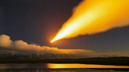 Wall Mural - A bright orange meteor is streaking across the sky above a lake. The sky is dark and the stars are shining brightly. The scene is peaceful and serene