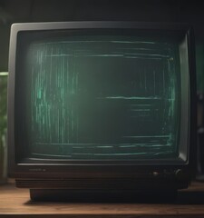 Wall Mural - close-up of vintage crt screen displaying static greenish glow, visible scan lines , vintage tech, d