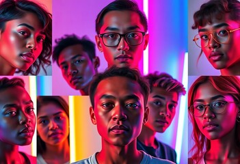 Poster - seven cropped portraits, vibrant neon collage, multicolored backdrop, empty space, bold, fashion