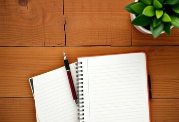 Wall Mural - Overhead shot of pen & notebook with agenda on rustic wood, copy space, pencil, wooden surface