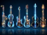 Ornate Sparkling Violins And Saxophone Made Of Light Particles Blue Gold And Multicolored Sparkles On Black Magical Music Or Elegant Concert Promotion