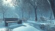 © Honey - Peaceful winter park scene with snow falling softly on bench art cold calm blue grey mood trees quiet