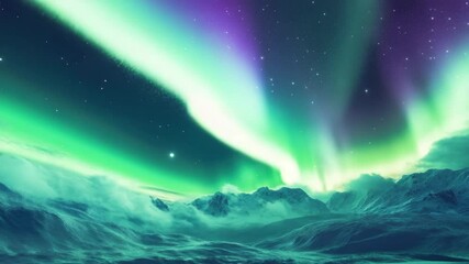 Wall Mural - A beautiful, colorful aurora borealis is seen in the sky above a mountain range. The sky is filled with a variety of colors, including green, purple, and blue. The scene is serene and peaceful