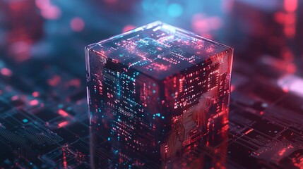 Wall Mural - abstract digital cube neon red blue circuit technology data 3d chip dark light power future system