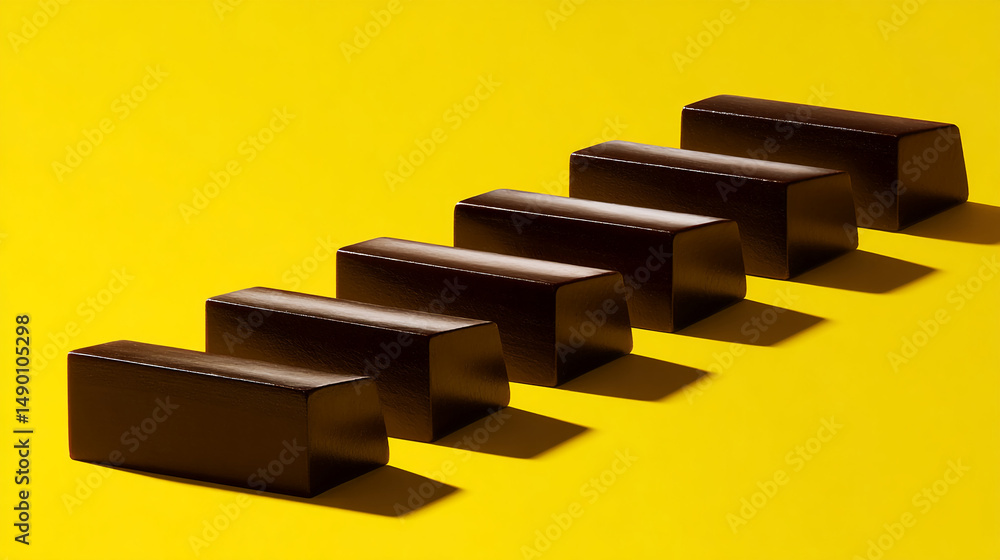 Six brown rectangular objects arranged ascendingly on yellow background ...