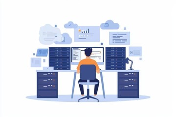 modern workspace featuring cloud storage and server racks.