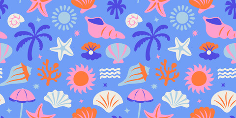 Aufkleber - Vector seamless pattern with hand drawn elements, sea, ocean and vacation vibe, abstract cartoon background for textile, wallpaper, stationery, decorative gift paper, banners and prints