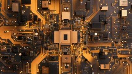 Wall Mural - abstract close-up of a complex golden circuit board with elegant lines and components, digital techn
