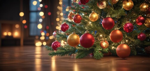 Wall Mural - Vibrant baubles adorn a glowing Christmas tree, bokeh lights sparkle ,  pine,  glow,  festive