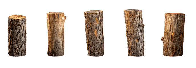 A display of five wooden logs with varying textures and patterns against a black background in a row view on transparent background