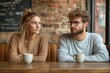 © Lens Wave - Positive man and woman with cups of coffee sitting by table in front of one another and looking aside with interest