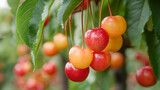 Sweet cherries hanging from a branch, bathed in soft summer light with green foliage