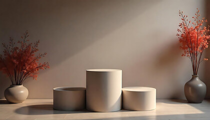 Wall Mural - Elegant display of three cylindrical podiums, adorned with floral decorations and warm lighting.