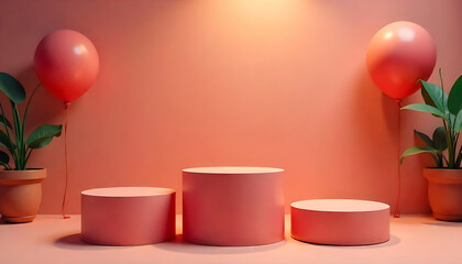 Wall Mural - Three pink cylindrical podiums with balloons and potted plants in a minimalist design.