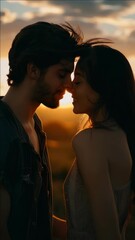 a couple is smiling at the camera in front of a sunset. scene is happy and romantic