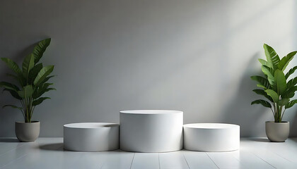 Wall Mural - Minimalist white stage with plants creating a serene and modern aesthetic for product display.