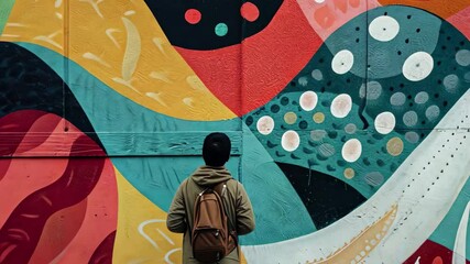 Aufkleber - Exploring vibrant urban art and colorful murals in a dynamic city location during a bright daytime setting with a casual observer admiring the creativity