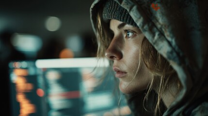 Aufkleber - Focused woman in hoodie stares intently at computer screen filled with code in a dimly lit environment.