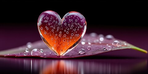 Aufkleber - A delicate glass heart filled with bubbles rests peacefully on a leaf adorned with glistening water droplets.