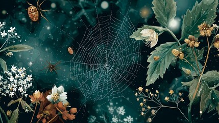 Enchanting Spider Web with Flowers and Leaves in Nature