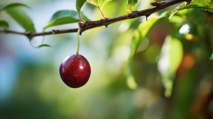 Fototapete - A single ripe cherry hangs from a branch with vibrant green leaves set against a soft blurred background representing natural summer growth
