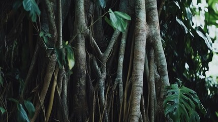 Tropical tree roots, jungle background, nature texture, website banner