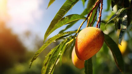 Fototapete - Ripe mangoes hanging from a tree branch with lush green leaves and golden sunlight in a tropical orchard environment